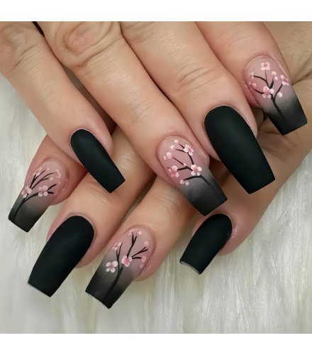 NA081 - Black Plant Flower Manicure Nails